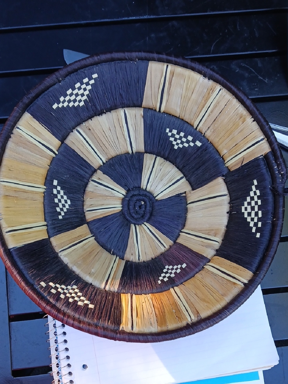 Handwoven Decorative Round Wall Basket - Natural & Dark Brown